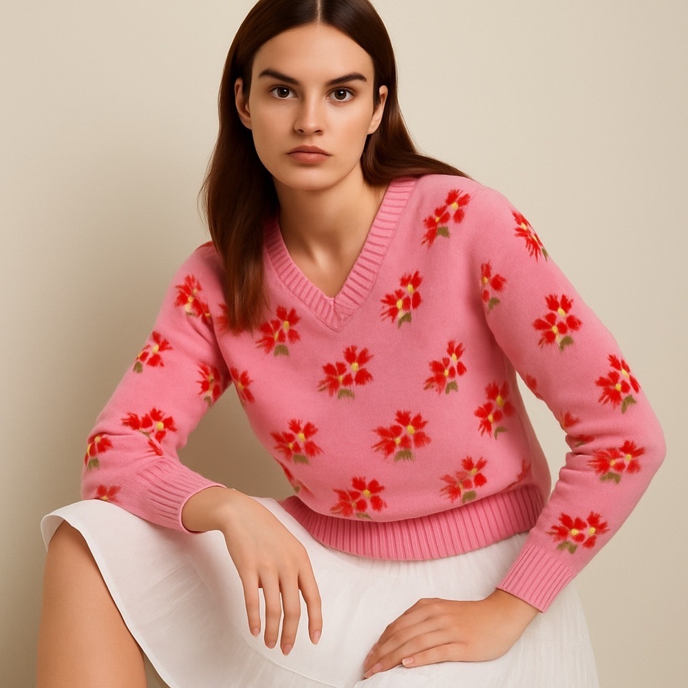 KITRI Women’s Linnea Knit Pink‎ V-Neck Floral Sweater | Small